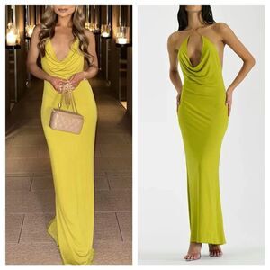 Natalie Rolt Maxi Dress Sadie Gown Green Chartreuse Cowl Neck Wedding Guest sz S